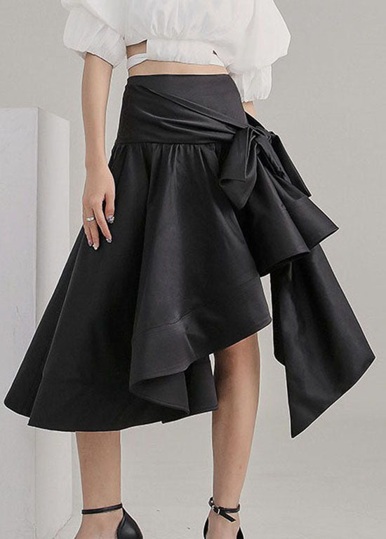 Black Tie Waist Asymmetrical Satin Pleated Skirt Spring