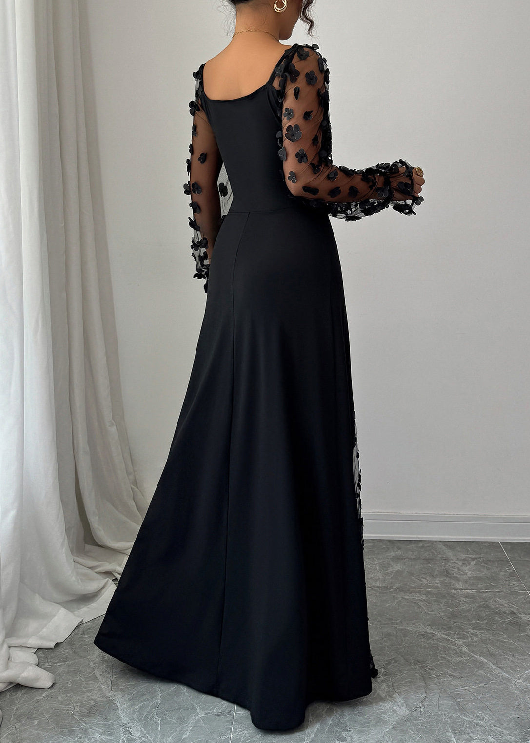 Black Hollow Out Patchwork Tulle Long Dress Spring