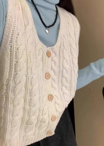 Beige Square Collar Button Knit Vest Top Sleeveless