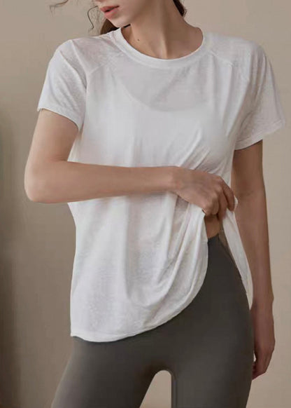 Modern White O-neck Hollow Out Loose Yoga Tops