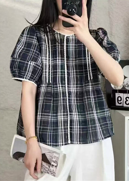Art Navy Plaid Button Cotton Shirt Summer
