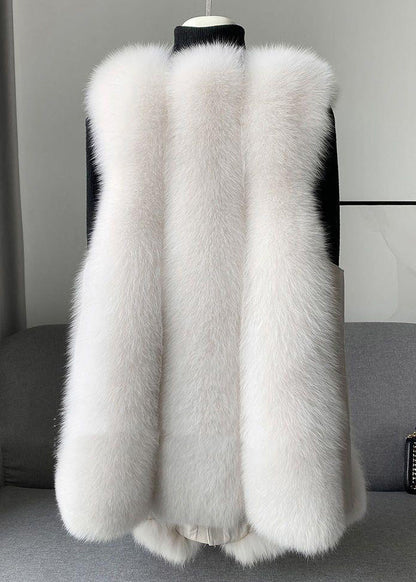 Beige Faux Fur Fox Collar Sashes Warm Leather and Fur Waistcoat Winter