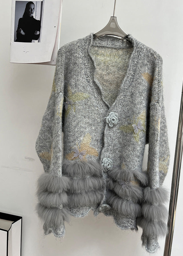 Modern Light Grey V Neck Fur Cotton Knit Cardigans Fall