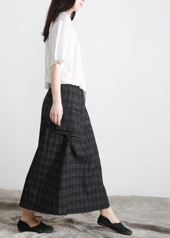 Black Plaid Button Pockets Summer Cotton Skirts