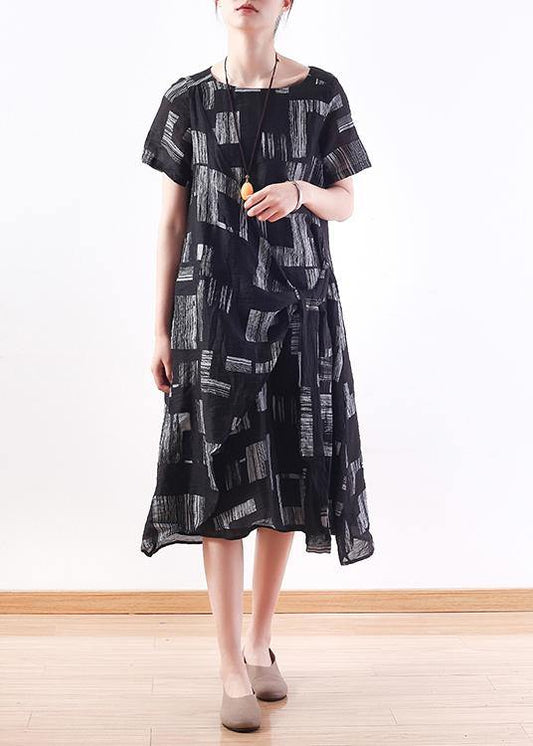 Black Linen Clothes Tie Waist Long Summer Prints Dresses