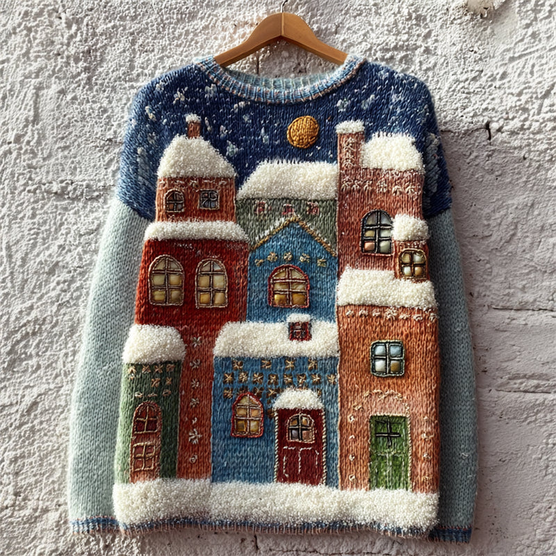 Comstylish Christmas Snowing Street Scene Colorblock Cozy Knit Sweater