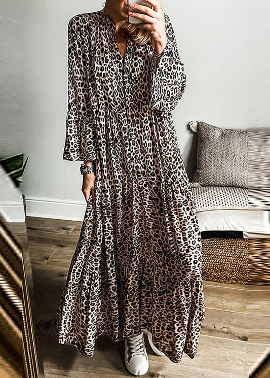 Leopard V Neck Patchwork Maxi Dress Fall