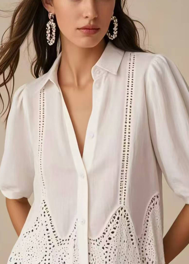 White Hollow Out Silm Fit Shirts Summer