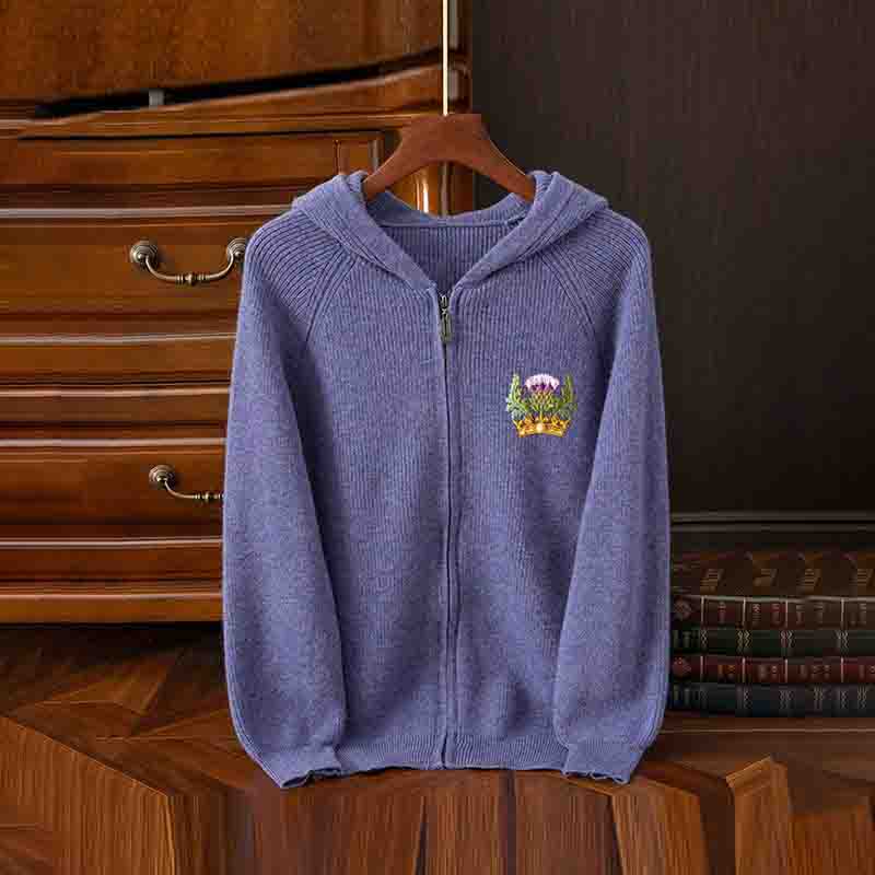 Vintage Scottish Thistle Embroidery Cozy Zipper Hooded Sweater artswardrobe