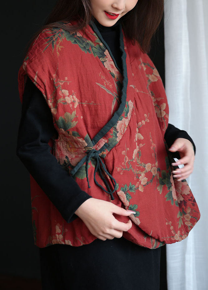 Red Print Tie Waist Fine Cotton Filled Vests Winter