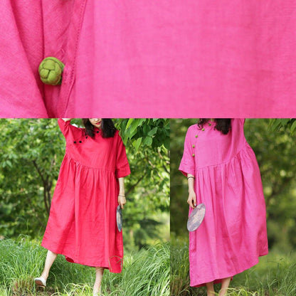 Red Cotton Tunics Stand Collar Cinched a Line Dresses