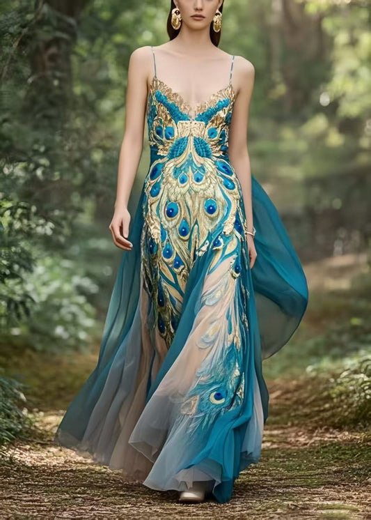 Peacock Blue Print Exra Large Hem Chiffon Holiday Dress Summer