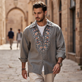 Men's Boho Floral Embroidered Linen Long Sleeve Shirt elevenforest