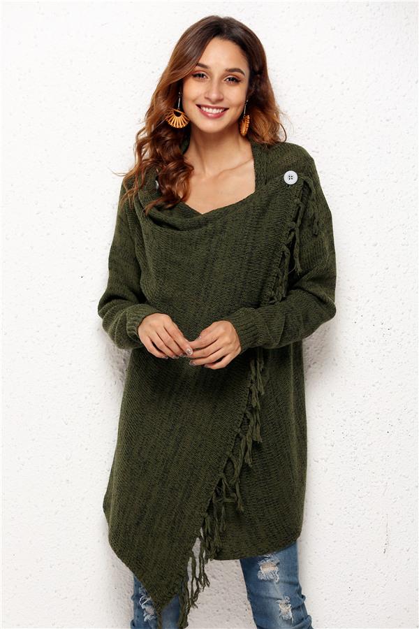 Tassel Asymmetrical Hem Shawl Speckled Fringe Cardigan - Green