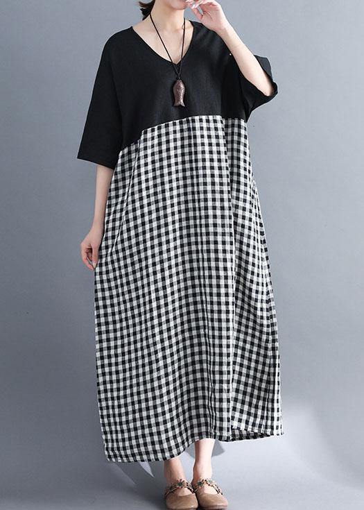 Loose V Neck Cotton Clothes Shirts Black Patchwork Maxi Dresses Summer