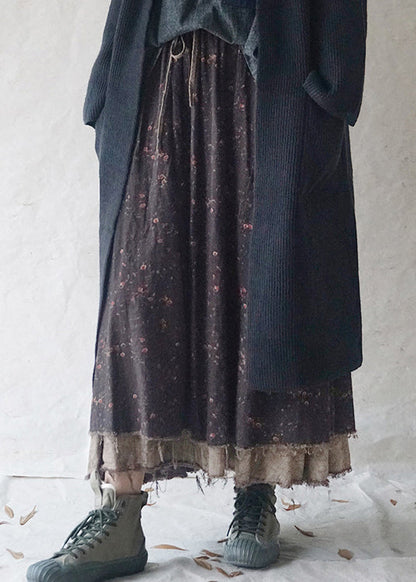 Black Elastic Waist Drawstring Print a Line Skirt Spring