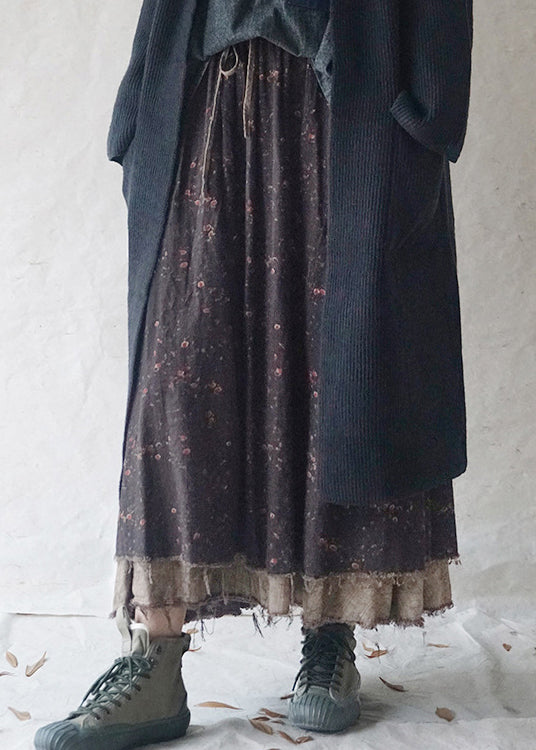 Black Elastic Waist Drawstring Print a Line Skirt Spring