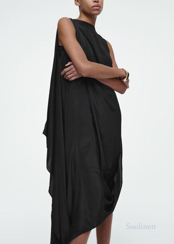 Black Asymmetrical Silk Party Dresses Sleeveless