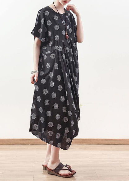 French Black Prints Linen Dress Sewing Draping Long Summer Dresses