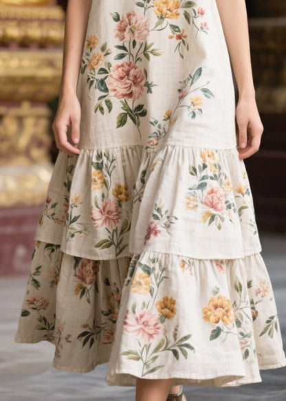 White V Neck Print Linen Dresses Summer