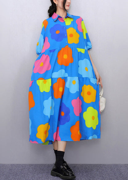 Blue Print Pockets Patchwork Cotton Blouses Dresses Half Sleeve