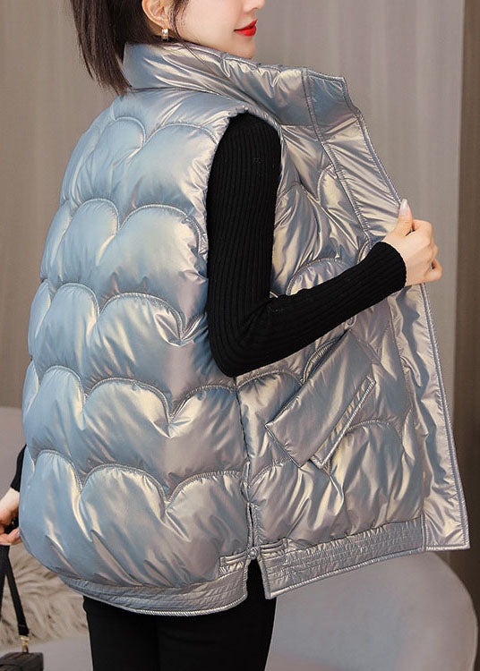 Silver Zippered Pockets Winter Sleeveless Puffer Vest