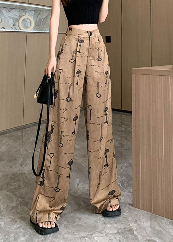 Print Pockets High Waist Satin Wide Leg Pants Spring