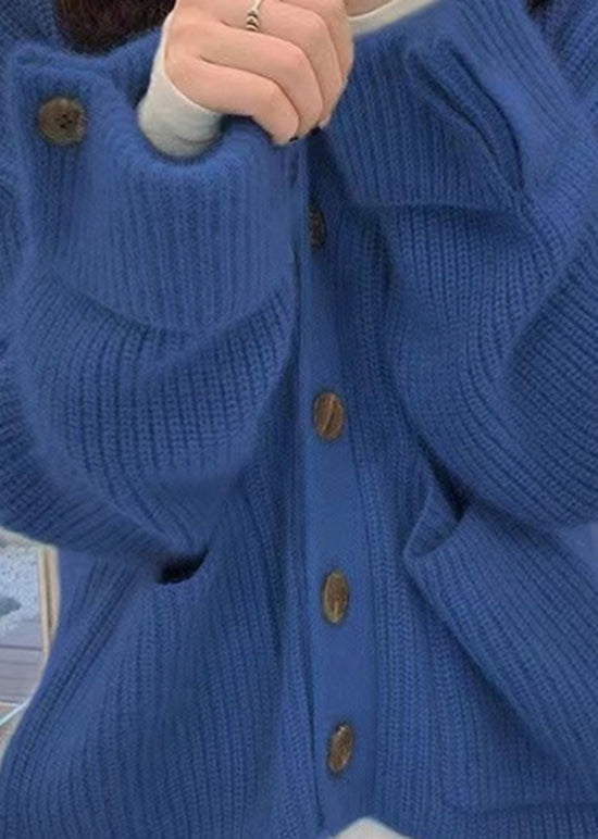 Blue V Neck Pockets Button Knit Coats Fall