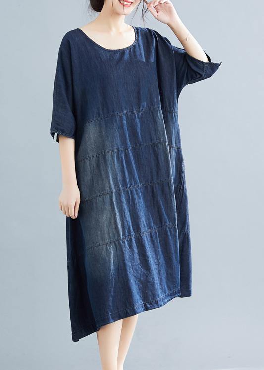 Vivid Denim Blue Cotton Quilting Dresses Fabrics O Neck Kaftan Summer Dresses