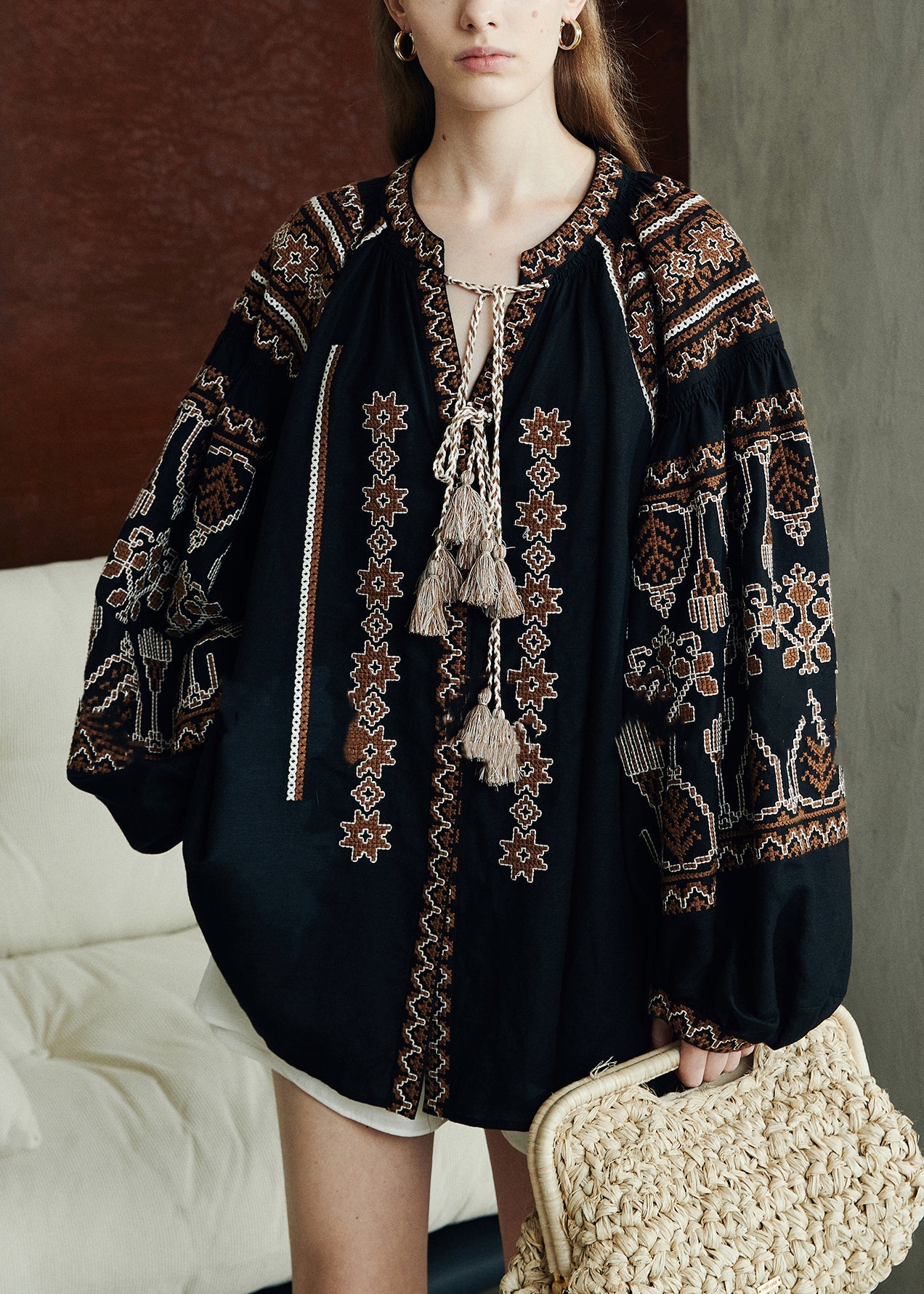 Loose Black Printing Patchwork Linen Shirts Puff Sleeve