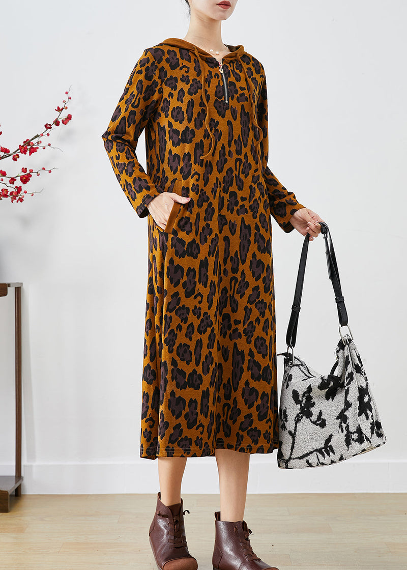 Brown Hooded Leopard Print Cotton Dresses Spring
