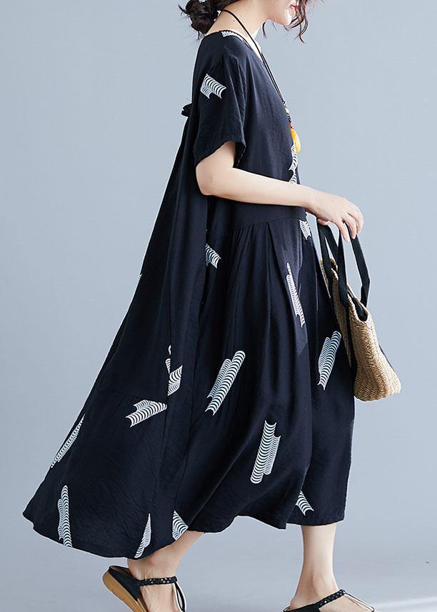 Black Prints Cotton Linen Robes Loose Waist Clothing Summer Dresses