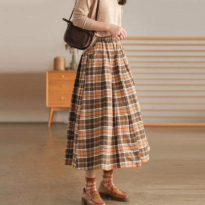 Plaid Pocket A-line Elastic Waist Skirt