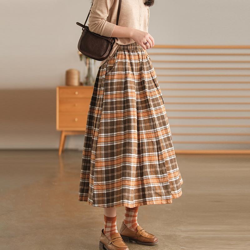 Plaid Pocket A-line Elastic Waist Skirt
