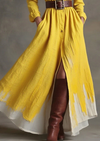 Yellow Peter Pan Collar Pockets Button Cotton Dress Spring
