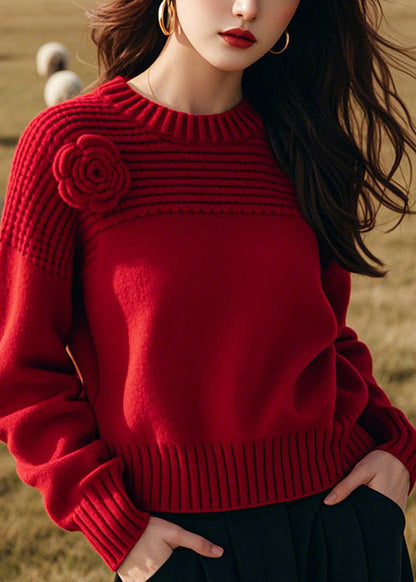 Handmade Red O Neck Thick Knit Sweaters Winter