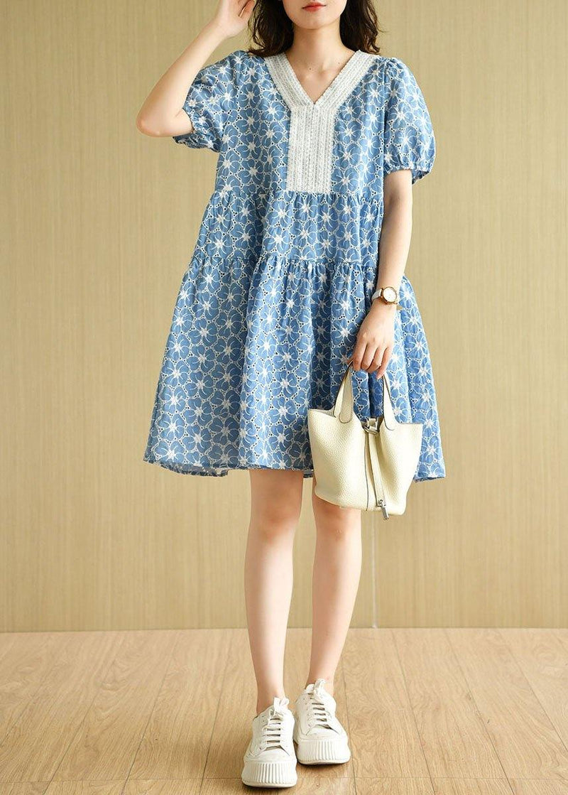 Blue Patchwork V Neck Embroideried Summer Cotton Dress Short Sleeve