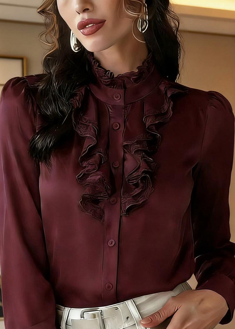Stylish Purplish Red Button Silk Top Spring