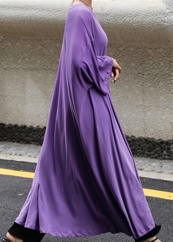 Purple O-neck Cotton Maxi Dress Long Sleeve
