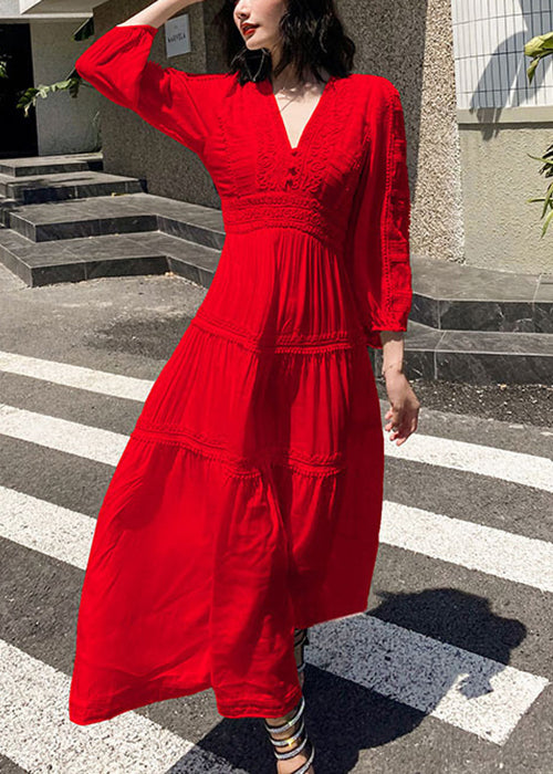 Red V Neck Wrinkled Cotton Long Dress Spring