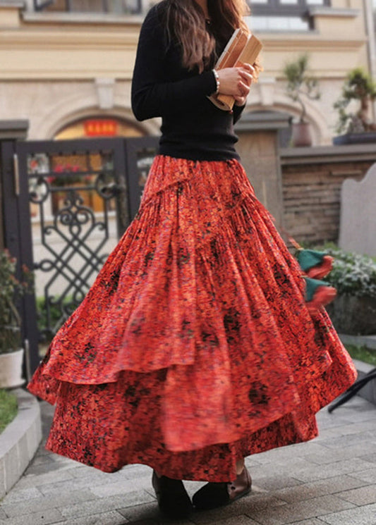 Orange Wrinkled Print Patchwork Cotton Skirt Spring