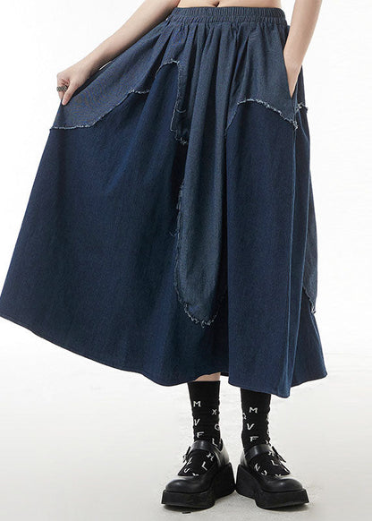Classy Blue Elastic Waist Patchwork Denim Skirts