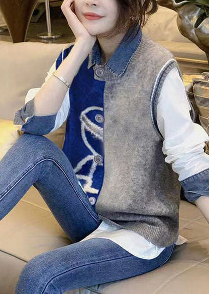 Stylish Vest Denim Patchwork Shirt Autumn New Two-piece Set