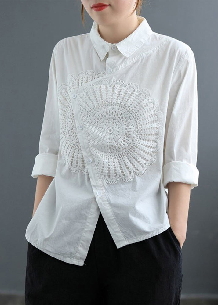 Classy White Asymmetrical Patchwork Lace Shirt Spring