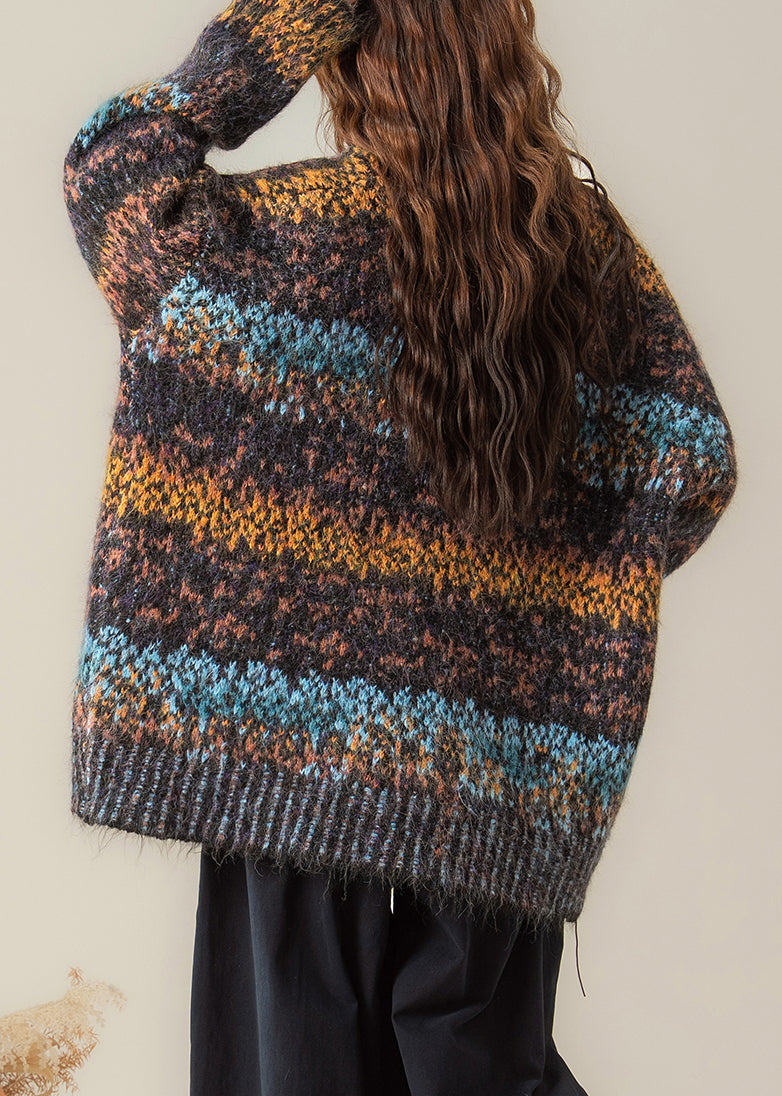 Gradient Color V Neck Button Patchwork Knit Coat Spring