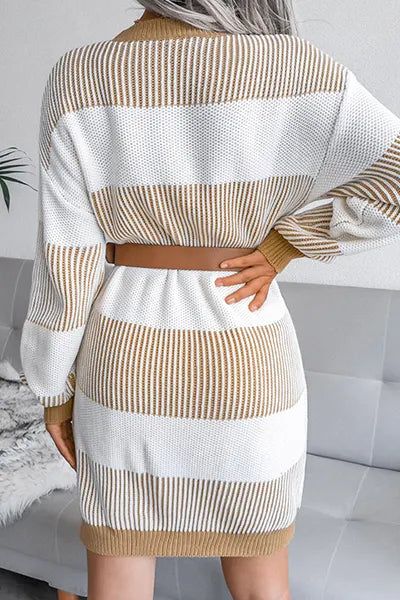 Striped Split Joint Contrast O Neck Dresses Sweater (without Belt)