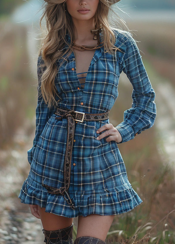 Blue Ruffled Plaid Cotton Short Dress Spring