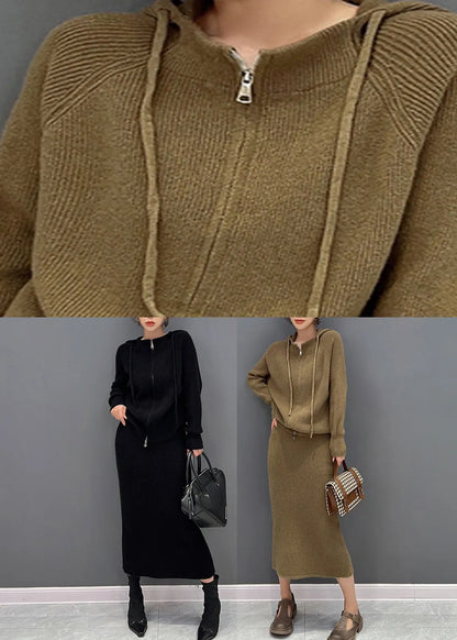 Brown Zippered Hooded Knit Sweaters and Maxi Skirts Two Piece Set Winter