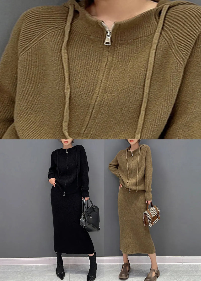 Brown Zippered Hooded Knit Sweaters and Maxi Skirts Two Piece Set Winter