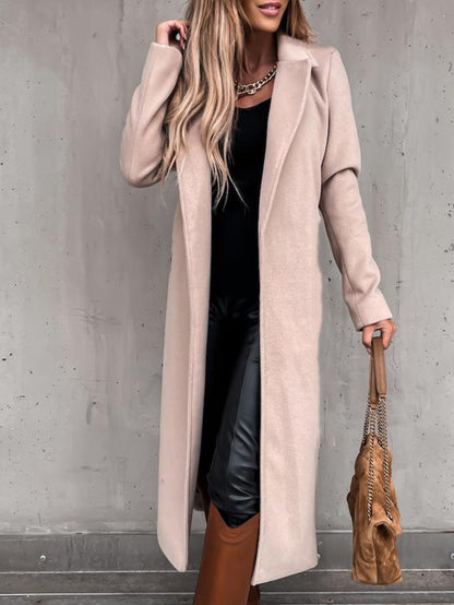 Coats Simple Lapel Belted Long Sleeve Woolen Coat